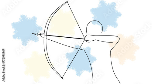 Minimalist single line drawing an archer aiming a bow arrow with abstract pastel splashes