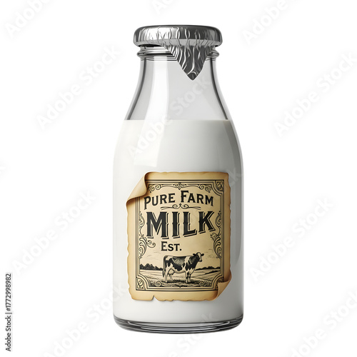Vintage milk bottle isolated on transparent background, pure farm milk since 1920