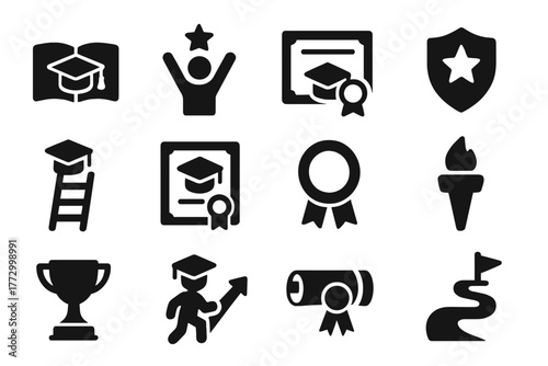 Educational Milestone Icons. Solid style icons of Education milestones: open book with cap, student achievement, academic
