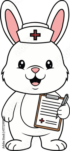 Cute cartoon white bunny rabbit wearing nurse cap holding clipboard and pen for medical notes