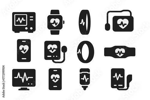 Monitoring Device Icons. Solid style icons of Monitoring devices: ECG machine, smartwatch pulse, wearable band, medical sensor,