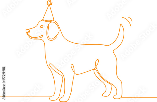 Whimsical single line drawing of a happy dog wearing a festive party hat celebrating