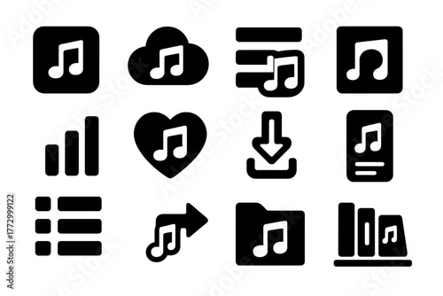 Music Icons Collection. Solid style icons of music streaming and apps: music app icon, cloud music, playlist icon, album cover,