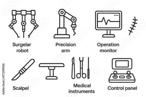 Robotic Surgery Icons. Line style icons of Robotic Surgery: Surgical Robot, Precision Arm, Operation Monitor, Incision, Scalpel,