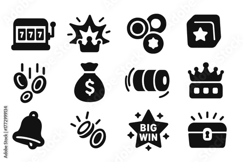 Solid Casino Icons. Solid style icons of Jackpots: slot machine 777, jackpot explosion, casino chips, dice with star, coin shower,