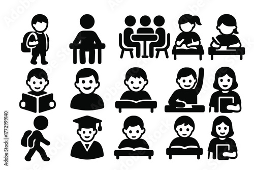Student Icons Collection. Solid style icons of Students: child with backpack, sitting student, group study, writing child, reading