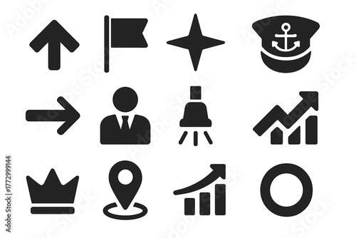 Leadership Icon Set. Solid style icons of Leading symbols: upward arrow, leader flag, guiding star, captain badge, direction arrow