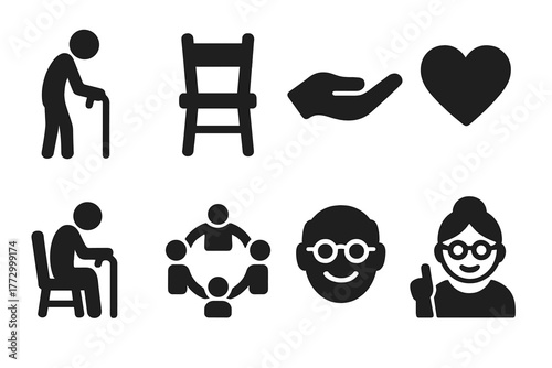 Elderly Icons Collection. Solid style icons of elders: elder figure, walking stick, chair, open hand, heart, storytelling pose,