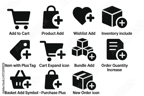 Shopping Cart Icons. Solid style icons of shopping and cart actions: add to cart icon, product plus, wishlist add, inventory