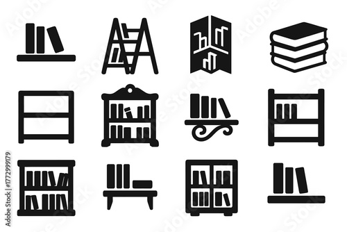 Solid Bookshelf Icons. Solid style icons of Bookshelves: wall bookshelf, ladder shelf, corner shelf, stacked books, empty shelf,