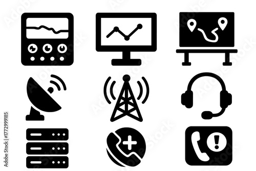 Command Center Icons. Solid style icons of command centers: control panel, computer screen, map board, satellite dish, radio tower
