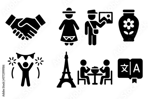 Cross-Cultural Icons. Solid style icons of Cross-Cultural Exchange: handshake, traditional costume, travel guide, souvenir,