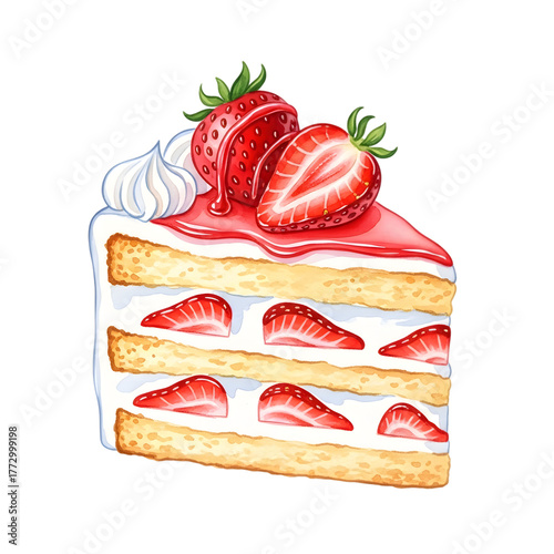 Watercolor painting of a strawberry shortcake isolated on transparent background, dessert
