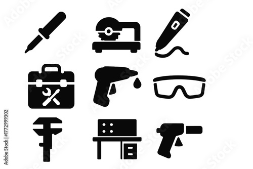 Maker Tool Icons. Solid style icons of Maker Tools: soldering iron, cutting machine, 3D pen, toolkit box, glue gun, safety goggles