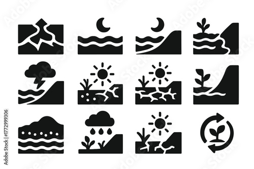Natural Cycle Icons. Solid style icons of Natural Cycles: flooding delta, low tide, high tide, storm surge, seasonal drought,