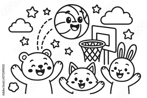 Bouncing Basketball Fun. Funny basketball bouncing into a hoop with stars, cheering animals, and clouds around, black and white