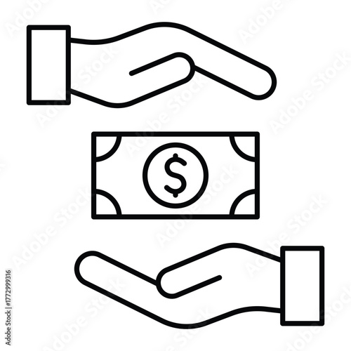 Bribe vector icon. Black line art of hands exchanging money. Corruption, payment, or financial transaction symbol for business and ethics design.