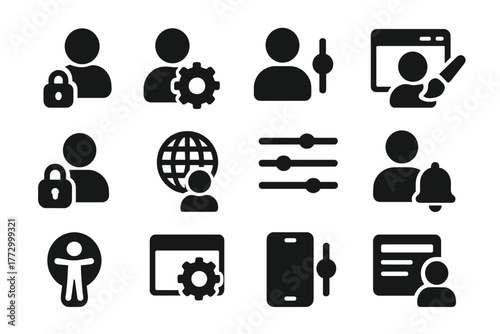 Solid User Preferences Icons. Solid style icons of user preferences: person with gear, user settings, profile configuration, theme