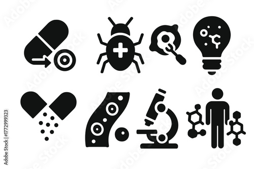 Nanomedicine Icon Set. Solid style icons of Nanomedicine: targeted drug delivery, medical nanobot, cell repair, innovation concept