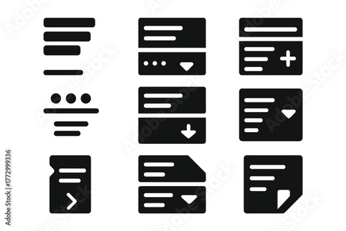 Expandable Interface Icons. Solid style icons of expandable interfaces: accordion menu, collapsible item, plus on panel, hidden