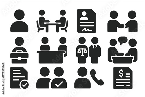 Client Engagement Icons. Solid style icons of Clients: client avatar, client meeting, client contract, client handshake, client