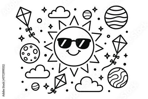 Cheerful Cosmic Scene. A smiling sun with sunglasses surrounded by planets, clouds, and flying space kites, black and white line