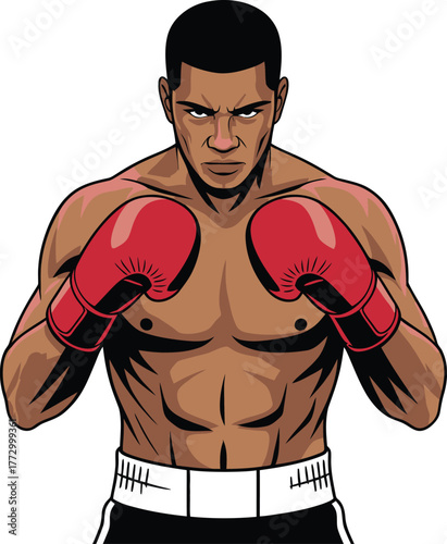Portrait of African American Boxer Ready to Fight Standing with Red Boxing Gloves on Transparent Background