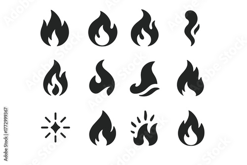 Flame Icon Collection. Solid style icons of Flames and shapes: sharp flame, round flame, double flame, flickering fire, fire swirl