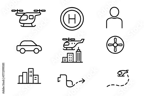 Urban Air Taxi Icons. Line style icons of Air Taxi: eVTOL, Landing Pad, Passenger, Commute, Urban Air Mobility, Rotor, City