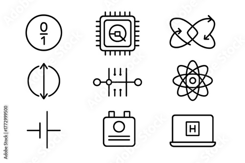 Quantum Computing Icons. Line style icons of Quantum Computing: Qubit, Quantum Processor, Entanglement, Superposition, Quantum