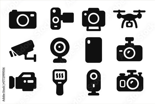 Solid Camera Icons. Solid style icons of camera types: compact camera, digital camcorder, instant camera, drone camera, security