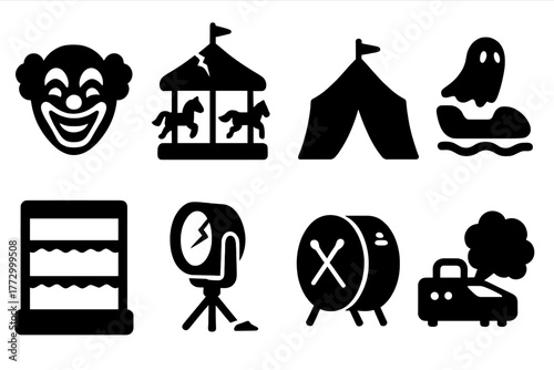 Eerie Entertainment Icons. Solid style icons of Eerie Entertainment: creepy clown mask, cracked carousel, shadowy tent, ghostly