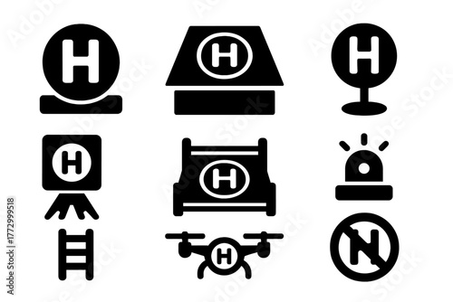 Landing Pad Icons. Solid style icons of landing pads: helipad, rooftop, circle H, spotlight, fence, signal light, ladder, drone,