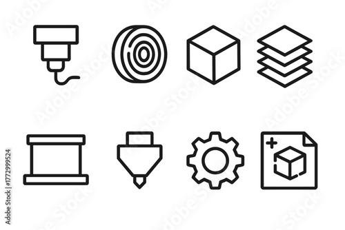 3D Printing Icons. Line style icons of 3D Printing: Extruder Head, Filament, 3D Model, Print Layers, Build Platform, Nozzle, Gear,