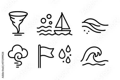 Waterspout Line Icons. Line style icons of Waterspout: Twister, Ocean Foam, Sailboat, Sandy Beach, Cloud Swirl, Emergency Flag,