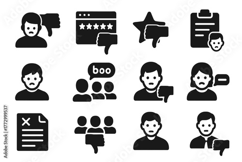 Negative Feedback Icons. Solid style icons of Negative feedback: customer dislike, poor review, one star rating, survey thumbs