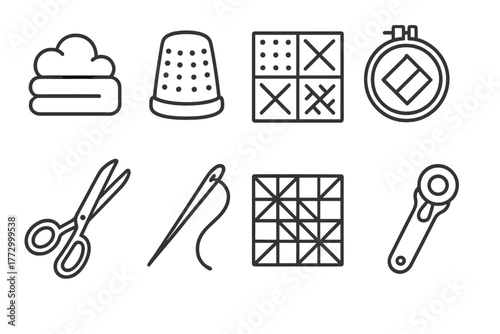 Quilting Tools Icons. Line style icons of Quilting: Batting, Thimble, Patchwork, Quilting Hoop, Fabric Scissors, Sewing Needle,
