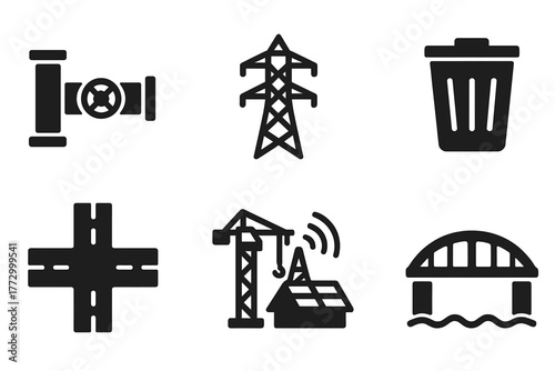 City Infrastructure Icons. Solid style icons of City Infrastructure: water pipes, power grid, waste system, road network,