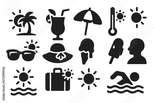 Summer Icons Set. Solid style icons of summer season: sun with palm tree, summer drink icon, beach umbrella, hot temperature icon,