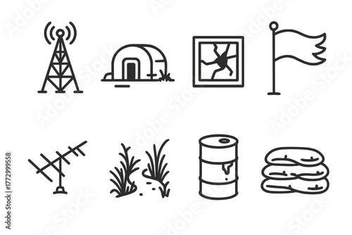 Forgotten Outpost Icons. Line style icons of Forgotten Outpost: Radio Tower, Old Bunker, Cracked Window, Windswept Flag, Broken