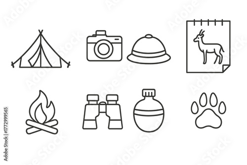 Safari Camp Essentials. Line style icons of Safari Camp: Canvas Tent, Vintage Camera, Pith Helmet, Wildlife Sketch, Campfire,