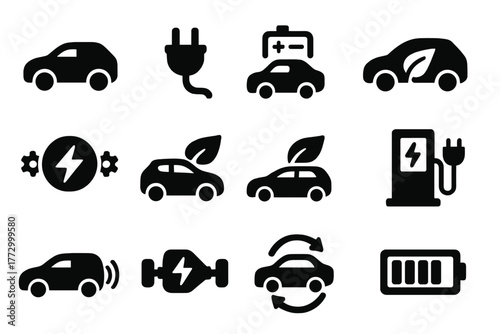Electric Vehicle Icons. Solid style icons of electric and hybrid vehicles: EV car icon, charging plug, battery with car, hybrid