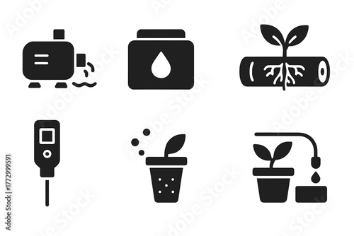Hydroponics Icons Set. Solid style icons of Hydroponics: water pump, nutrient tank, root system, grow tube, pH meter, oxygen