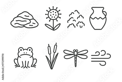 Bog Line Style Icons. Line style icons of Bog: Peat, Sundew Plant, Sphagnum Moss, Preserved Artifact, Frog, Reeds, Dragonfly, Mist
