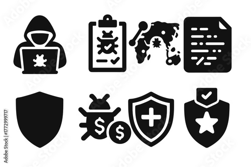 Ethical Hacking Icons. Solid style icons of Ethical Hacking: hacker laptop, penetration test, vulnerability map, exploit code,