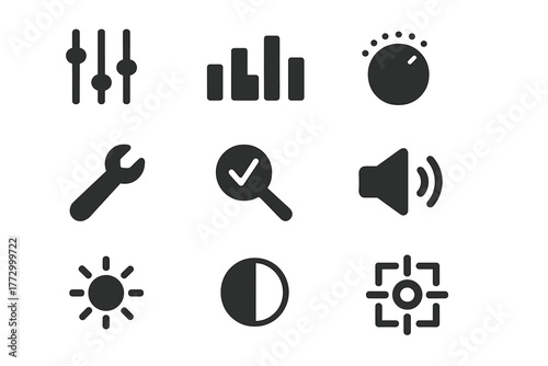Audio Adjustment Icons. Solid style icons of adjustments and fine-tuning: sliders icon, equalizer bars, dial knob, adjustment
