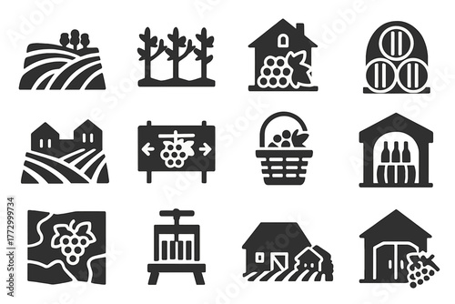 Solid Vineyard Icons. Solid style icons of Vineyards: vineyard hill, grapevine row, grape farm house, barrel cellar, winery estate