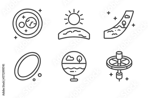 Ringworld Icons. Line style icons of Ringworld: Artificial World, Sun, Inner Surface, Vast Scale, Orbital Ring, Habitat Zone,