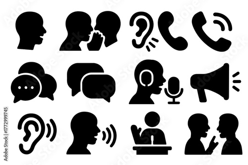 Communication Icons. Solid style icons of Communication: talking person, whispering person, ear with mouth, phone call ear,
