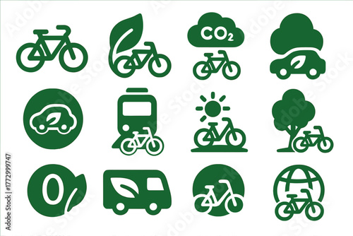 Eco Transport Icons. Solid style icons of eco transport and sustainability: green bike icon, leaf with bicycle, CO2-free ride,